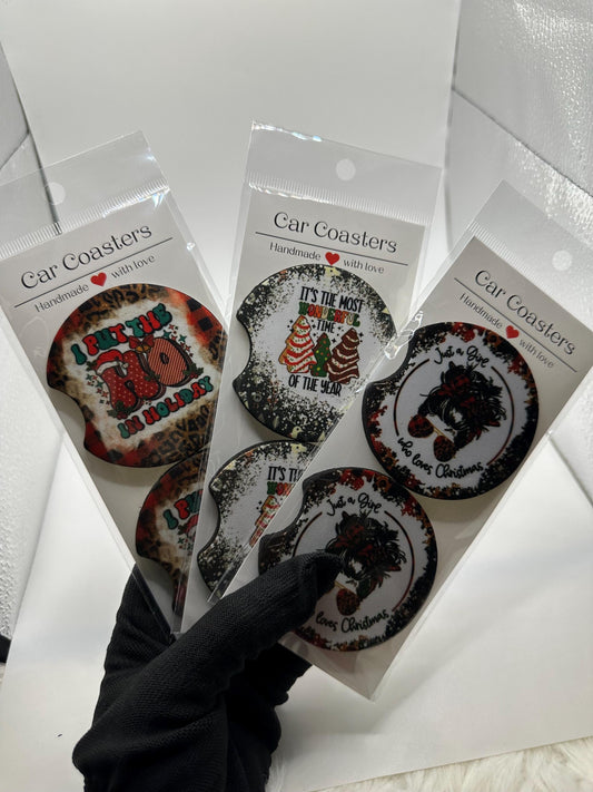 Christmas Car Coasters | Cute Car Accessories | Seasonal Car Accessory | Holiday Gifts | Cup Coaster Set | Neoprene