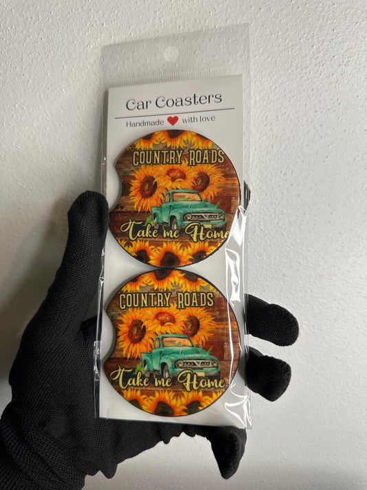 Country Roads Take Me Home Car Coaster | Cute Car Accessories | Car Accessory | Cup Coaster Set | Neoprene