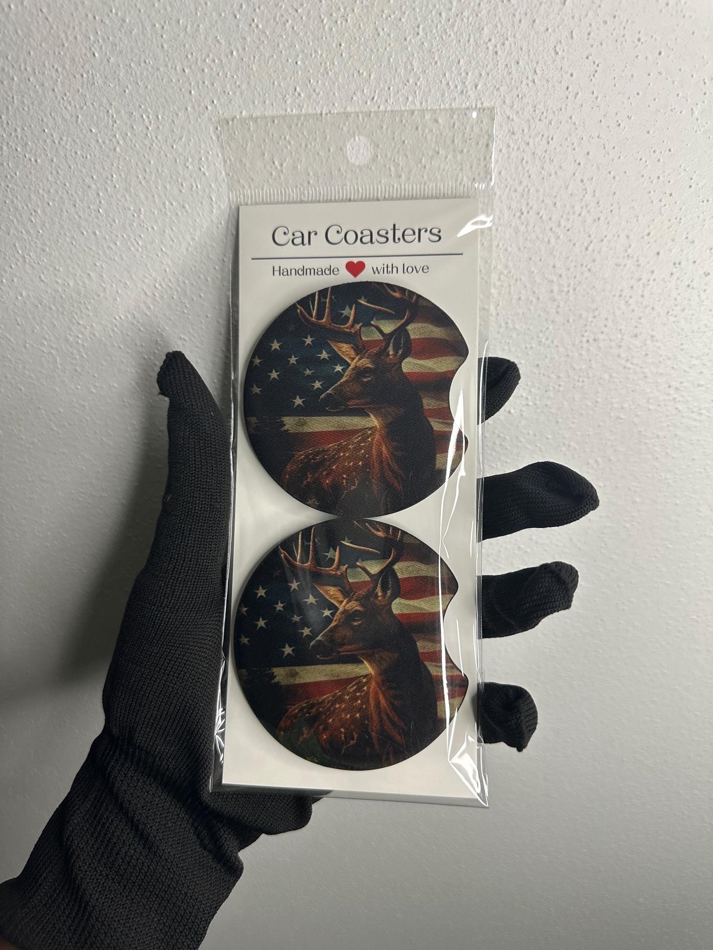 Deer American Flag Car Coaster | Neoprene Cup Holder Insert
