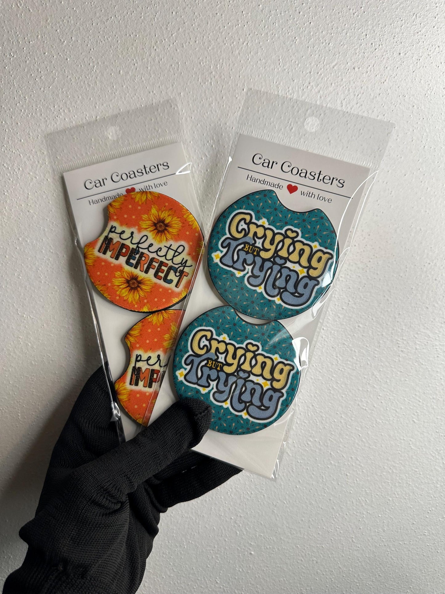 Crying But Trying | Perfectly Imperfect | Neoprene Car Coaster Set