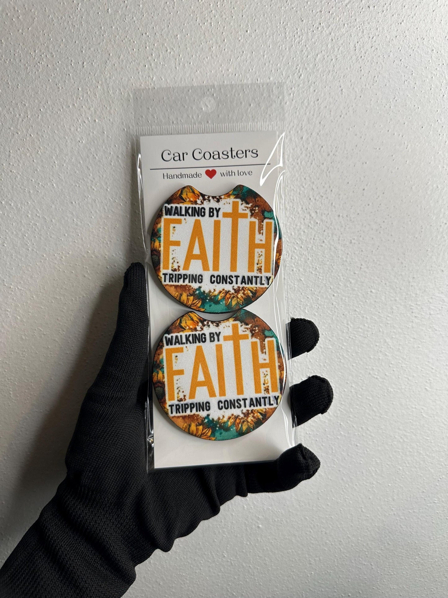 Faith Car Coasters | Handmade Neoprene Cup Holder Set