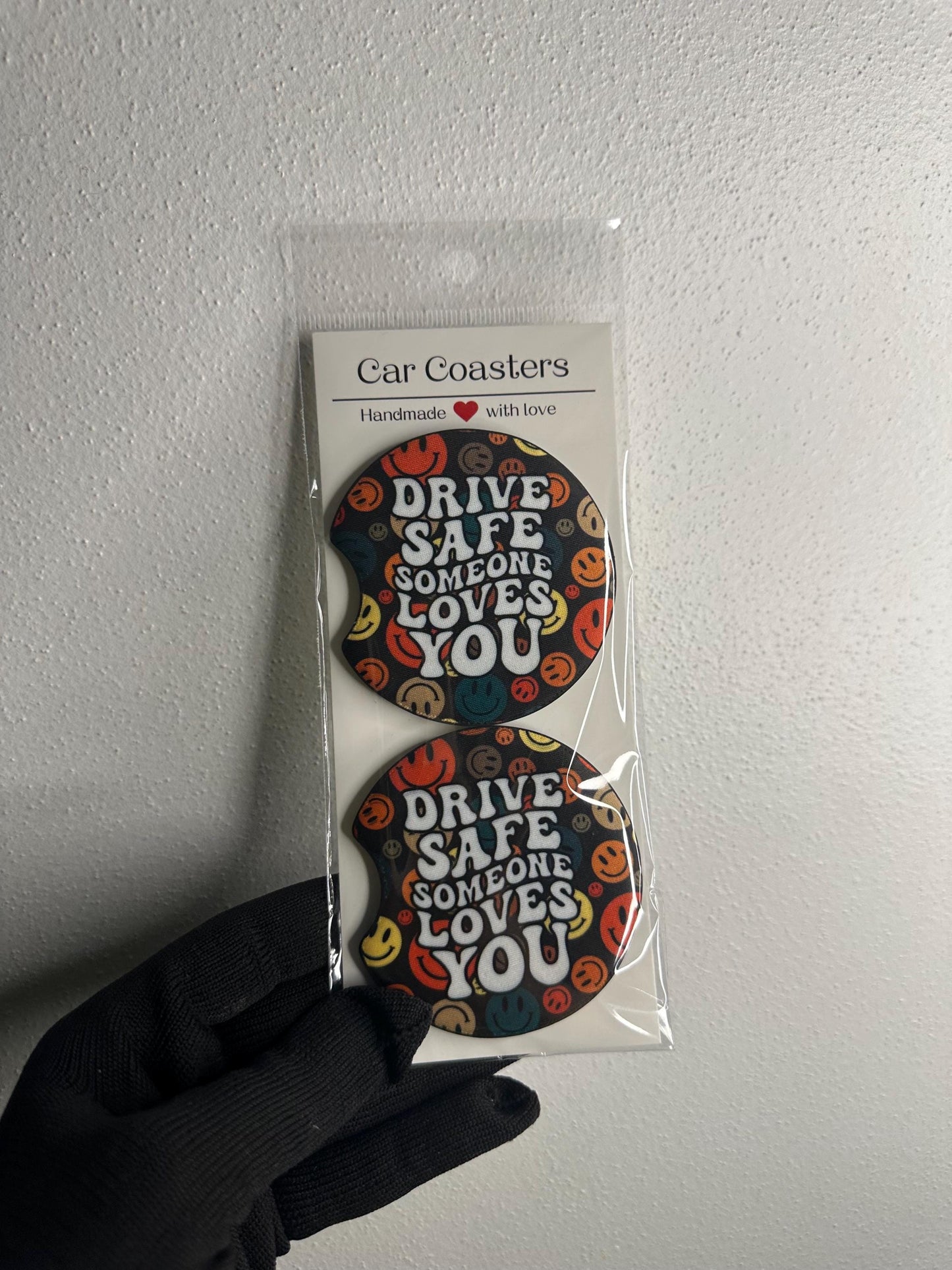 Drive Safe Neoprene Car Coaster Set | Smiley Face Design