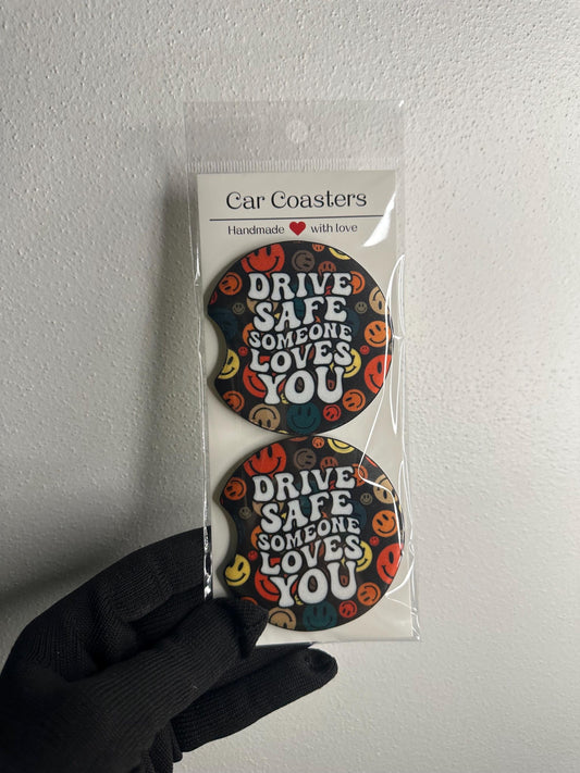 Drive Safe Neoprene Car Coaster Set | Smiley Face Design