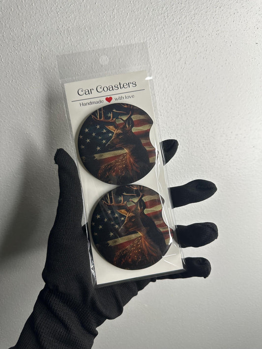Deer American Flag Car Coaster | Neoprene Cup Holder Insert
