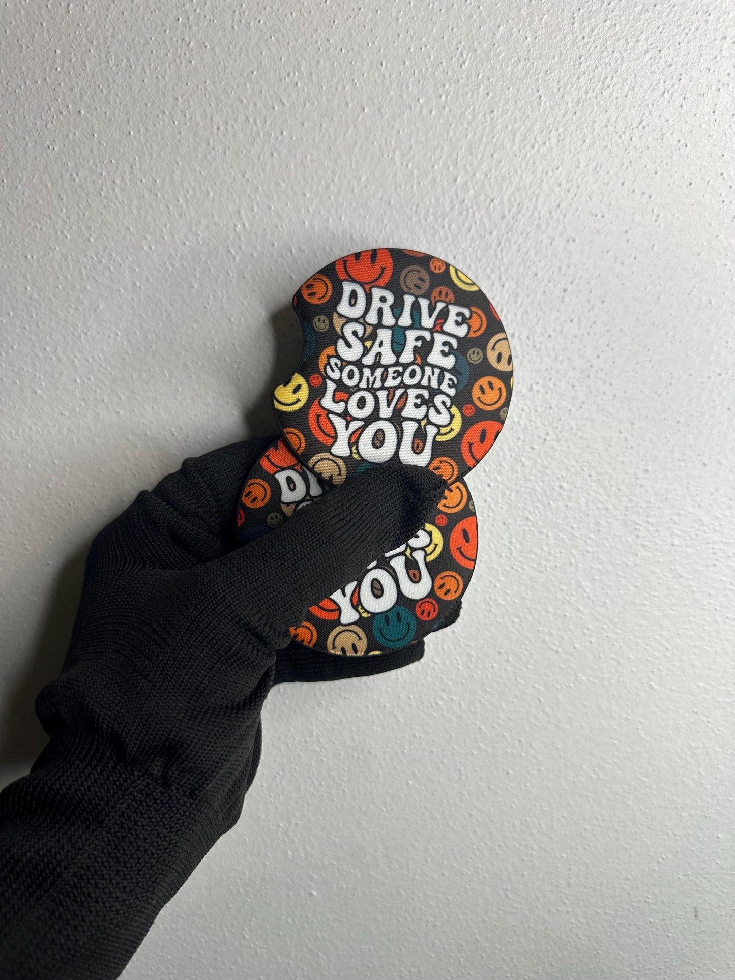 Drive Safe Neoprene Car Coaster Set | Smiley Face Design