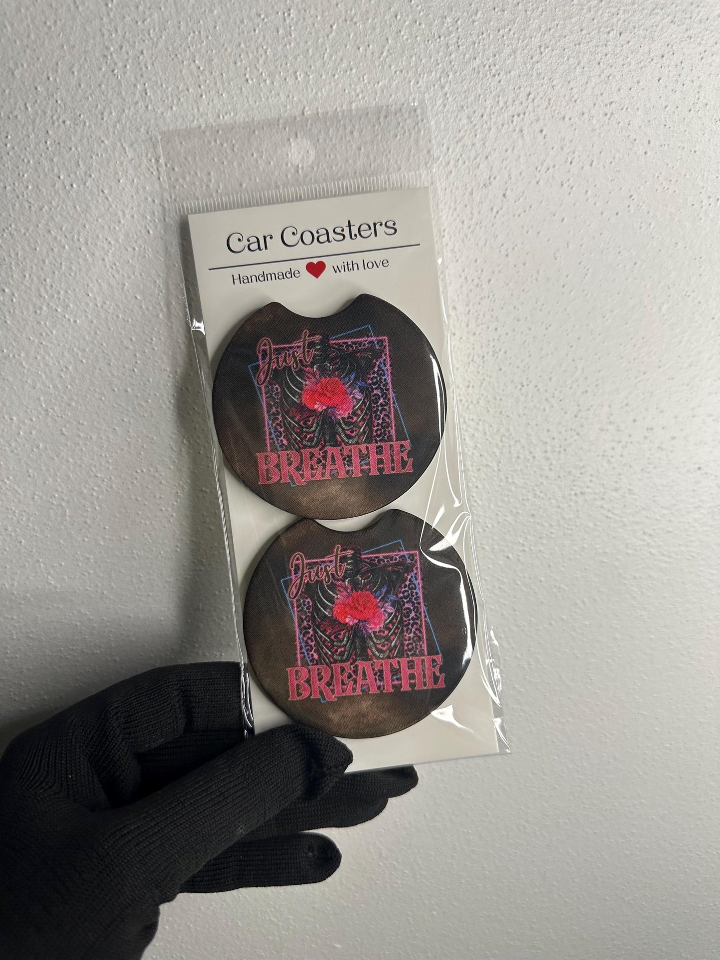 Just Breathe Car Coaster Set | Retro Skull Neoprene Accessory
