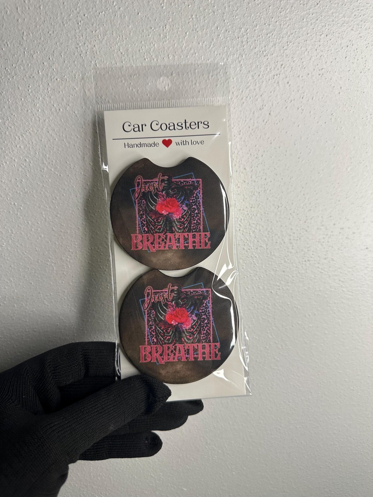 Just Breathe Car Coaster Set | Retro Skull Neoprene Accessory