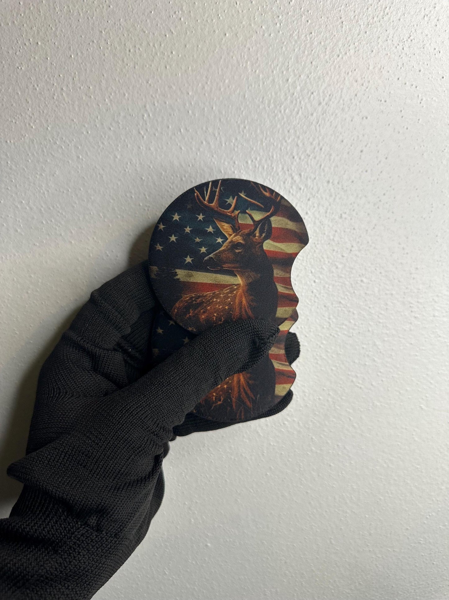 Deer American Flag Car Coaster | Neoprene Cup Holder Insert